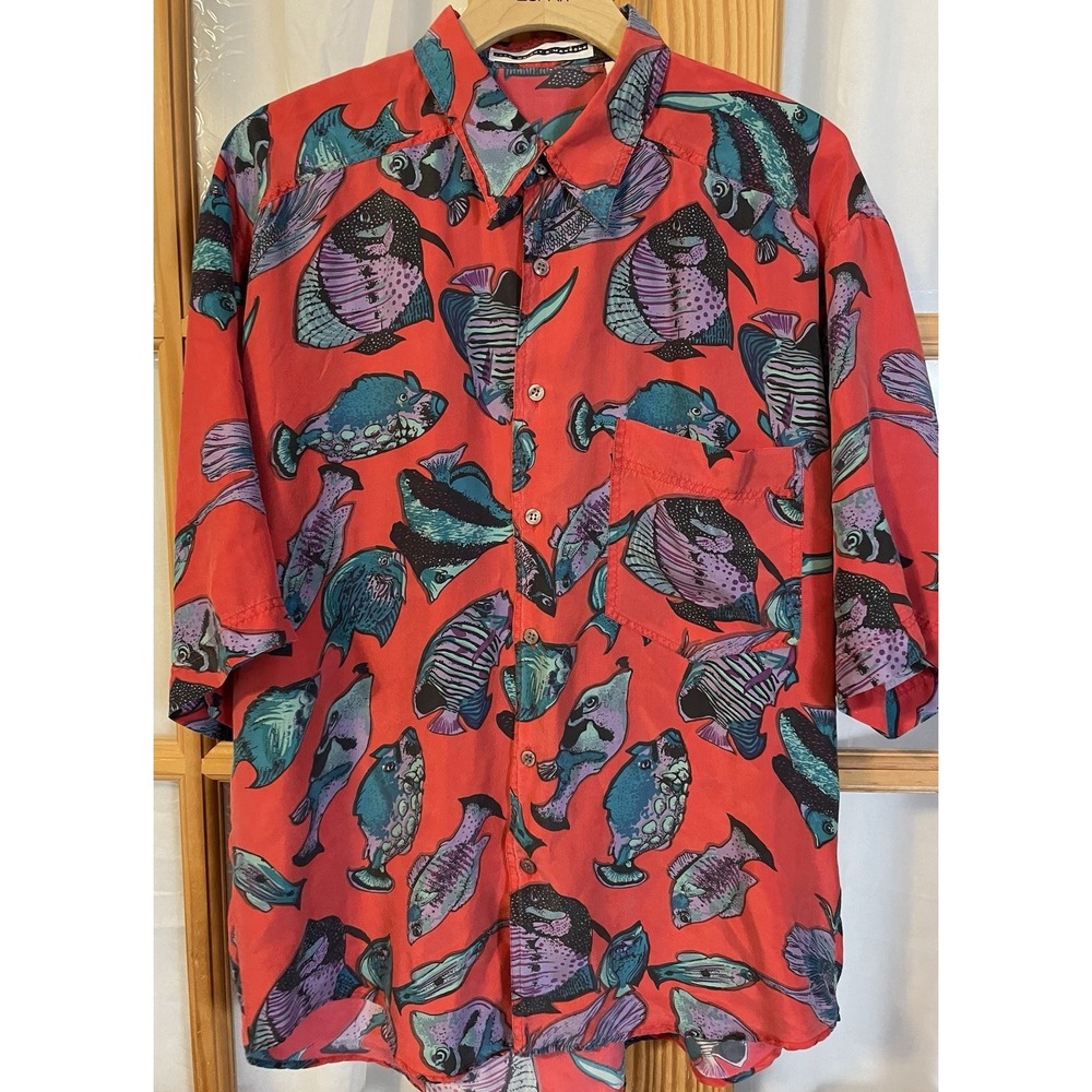 Vtg 90s Fenn Wright Manson Silk Shirt Mens Sz L Red Purple Fish Button Up Marine